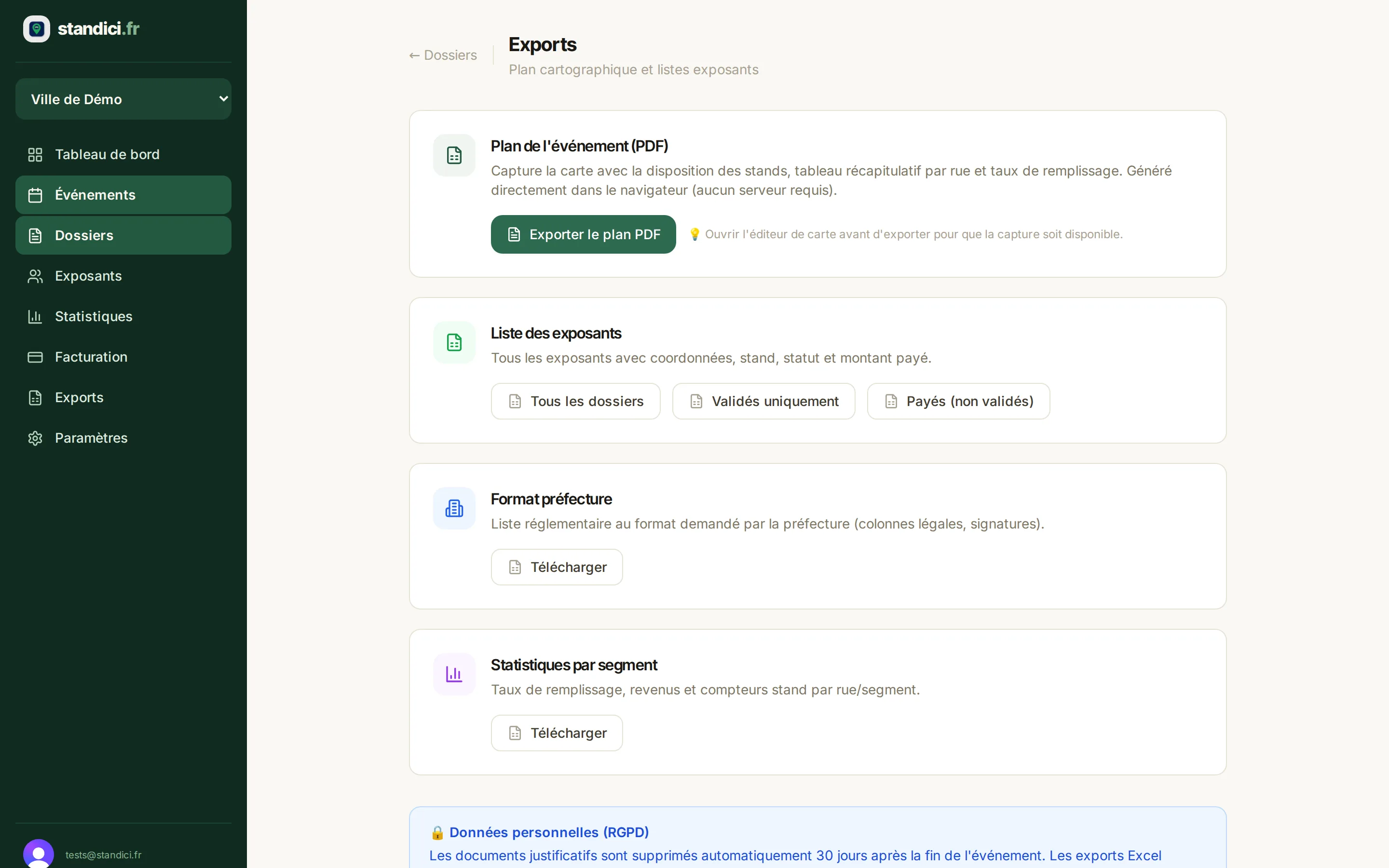 Page des exports : plan PDF, liste des exposants, format préfecture, statistiques