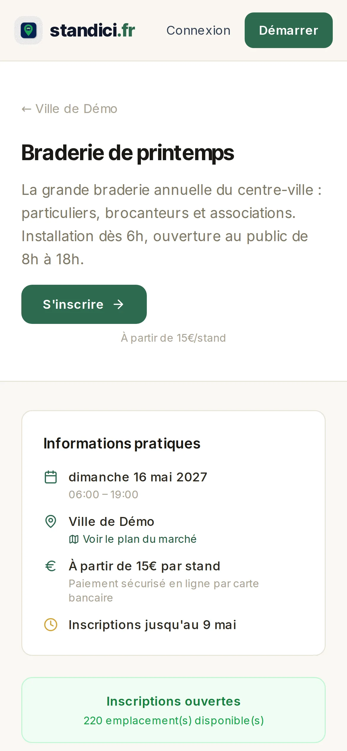 Page de l'événement sur téléphone, avec le bouton S'inscrire